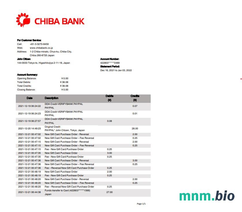 Szablon wyciągu bankowego Japan Chiba w formacie Word i PDF.1